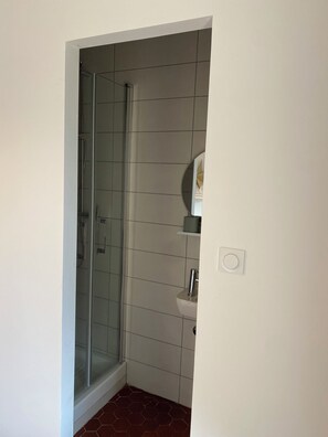 Ein Badezimmer mit Duschkabine aus Glas, weiß gefliesten Wänden, einem roten Muster aus sechseckigen Bodenfliesen und einem weißen Waschbecken mit Spiegel darüber.