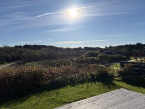 A clear sky with the sun shining, a grassy area with bushes, and a wooden deck.