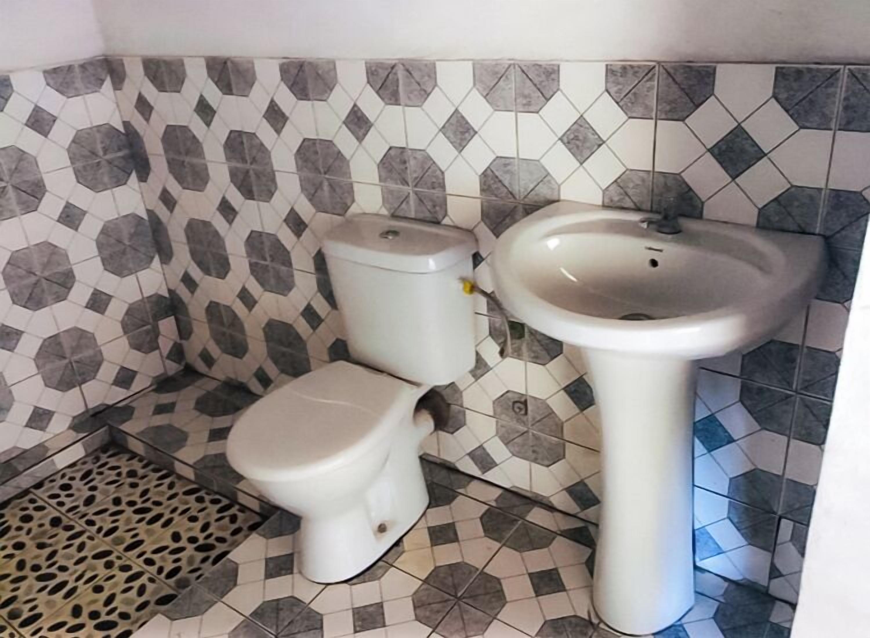 A bathroom with a toilet and sink, tiled floor, and a drain cover.