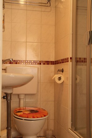 A bathroom with a toilet, sink, and shower. - Studio '3' with Shared Terrace (Bamberg)