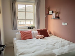A bedroom with a bed, pillows, a window, a shelf with plants, and a wall socket.