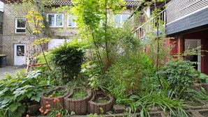 Ein Garten mit verschiedenen Pflanzen und Bäumen, ein Ziegelgebäude mit zahlreichen Fenstern und einer roten Tür.