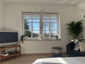 Een kamer met een televisie op een houten dressoir, een raam met uitzicht op bomen, een potplant en een zwart rond bijzettafeltje.