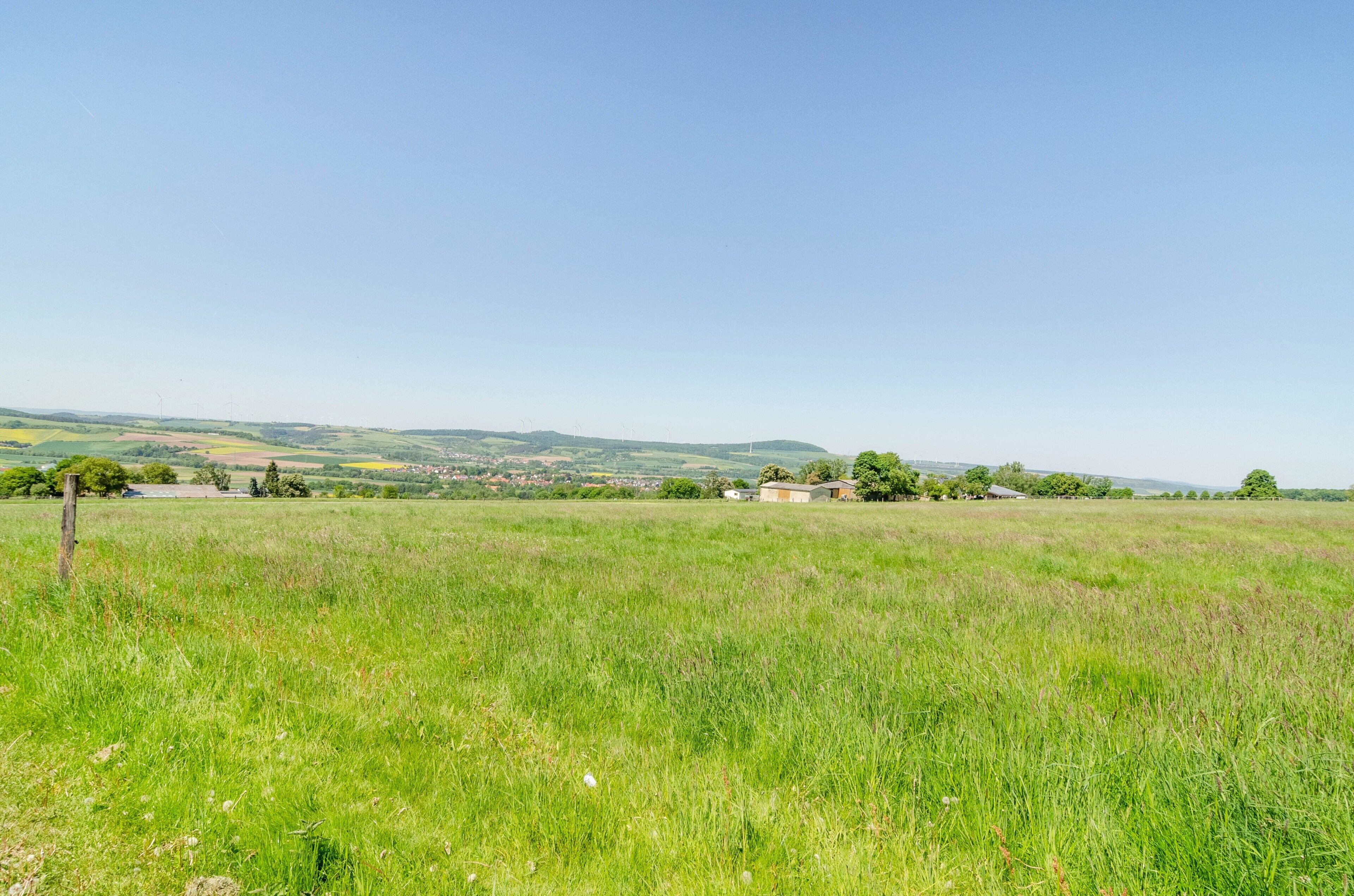 A rural landscape with a grassy field, scattered trees, and distant buildings.