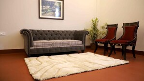 A living room with a dark-colored sofa, two red chairs, a white rug, and a framed picture on the wall.