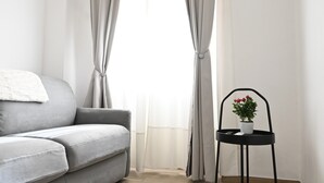 A living room with a grey sofa, a small black side table with a potted plant, and sheer curtains. - Spacious, luxury apartment with a view of the Duomo, accommodating 2+2+2 guests with privacy; rooftop elevator and Wi-Fi  (Firenze)