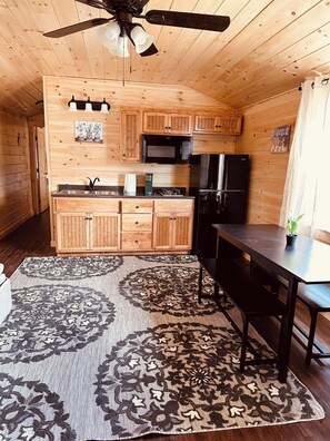 Fridge, microwave, coffee/tea maker, toaster