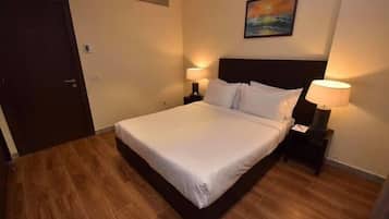 1 bedroom, desk, blackout drapes, bed sheets