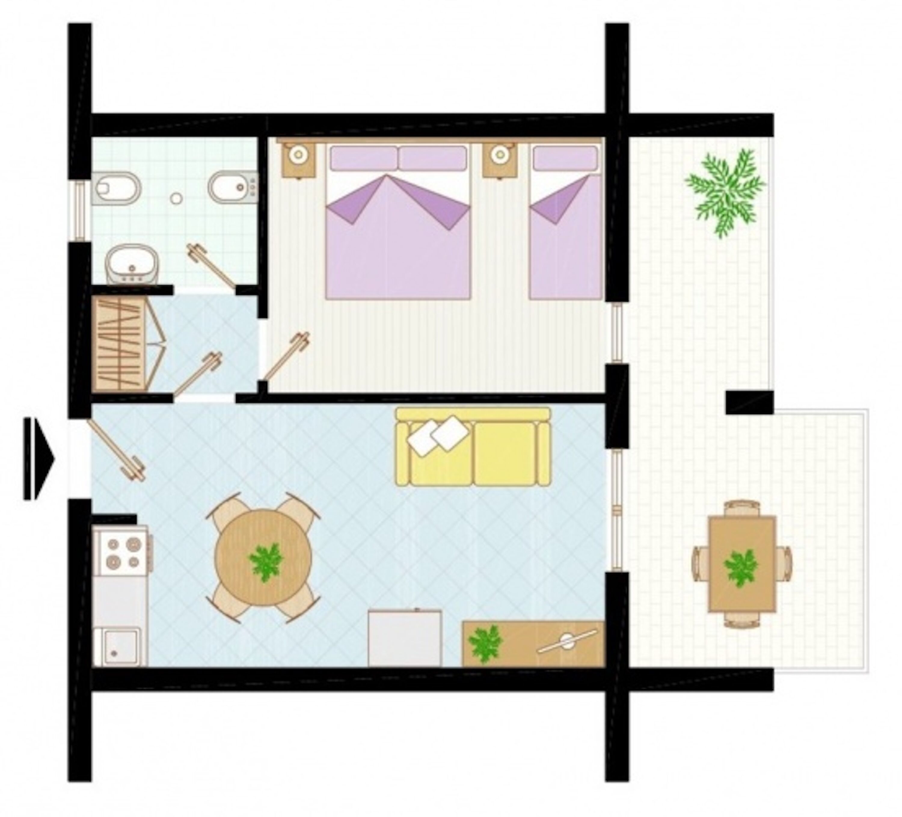Un plan d’étage d’une chambre d’hôtel comprenant un coin cuisine, un espace repas, un salon avec un canapé et une table basse, et une salle de bain.