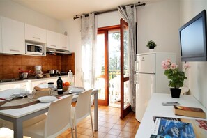 Fridge, microwave, stovetop, coffee/tea maker