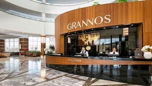A hotel reception area with a wooden reception desk labeled "GRANNOS" and a "RECEPTION" sign.