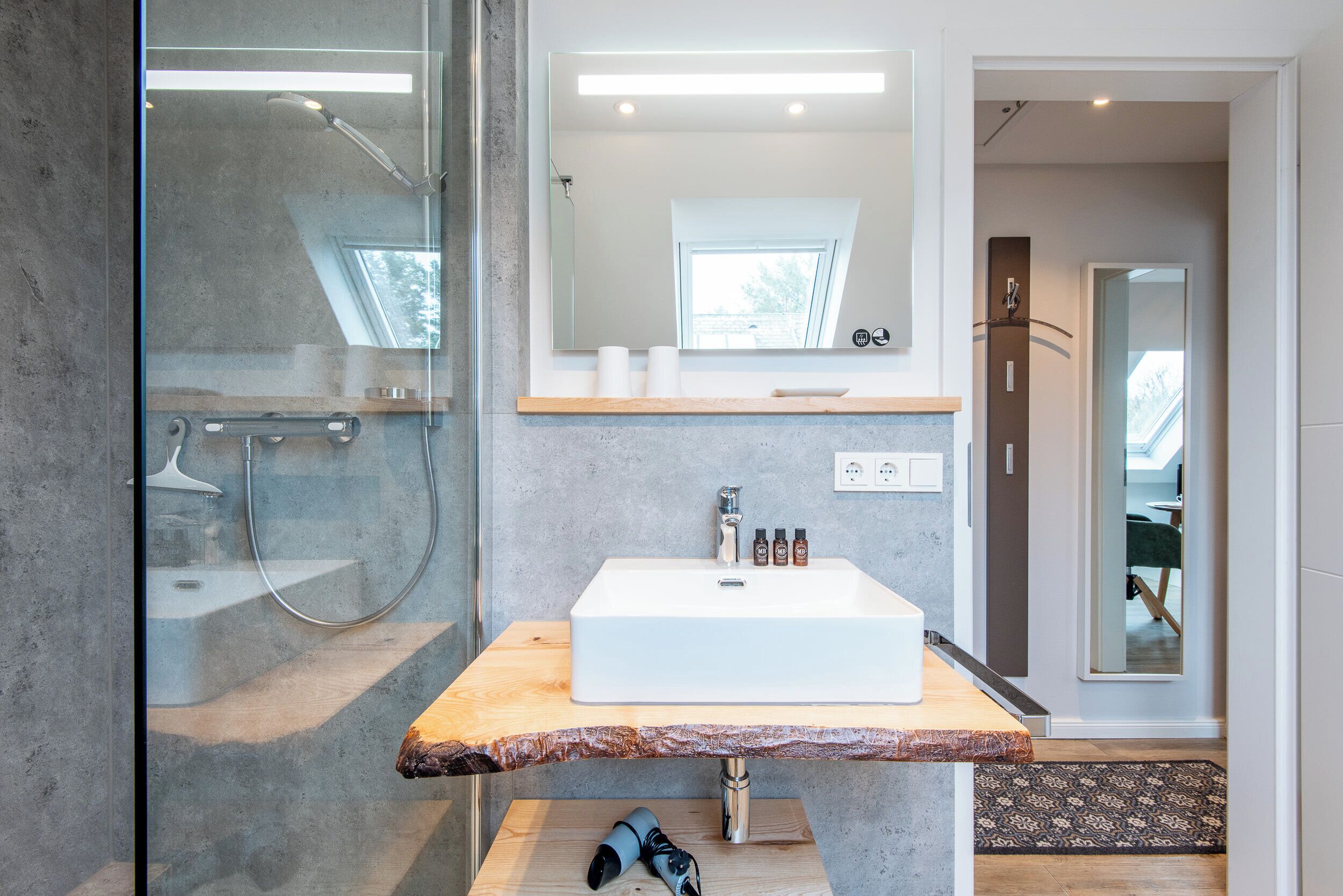 Shower, hair dryer, towels