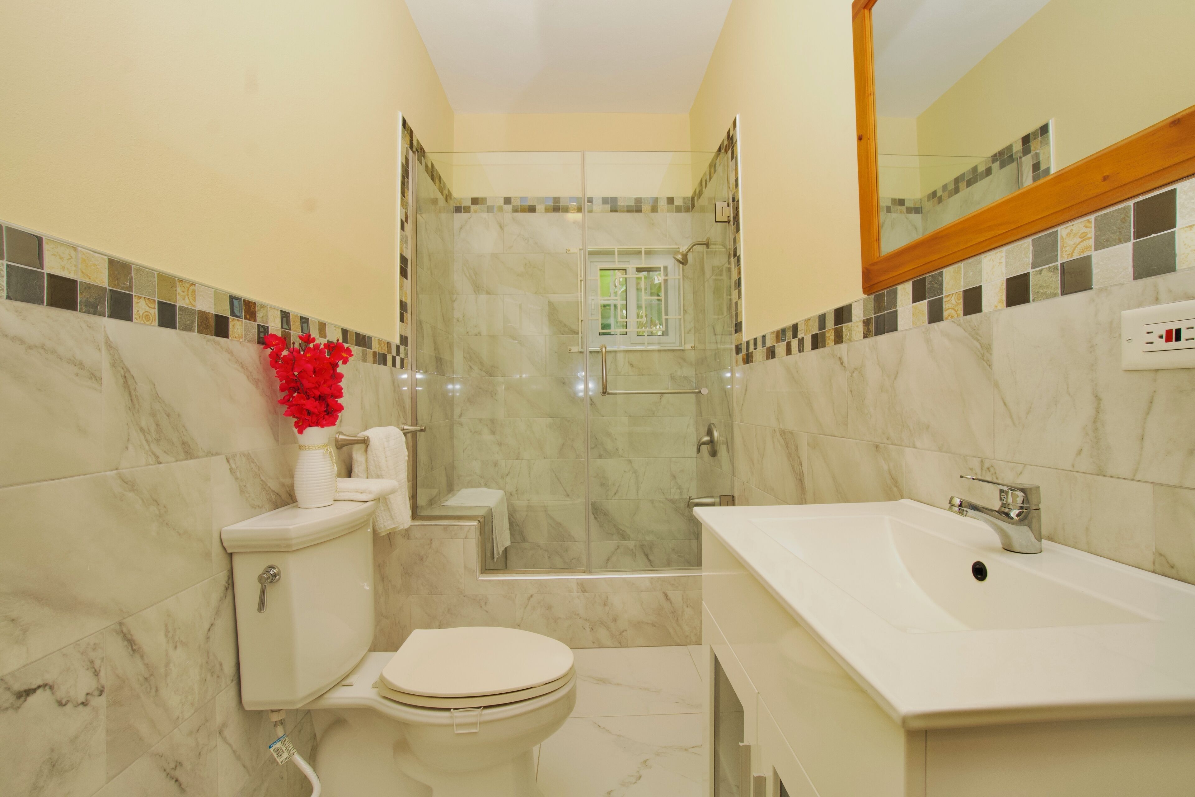 Shower, towels, toilet paper