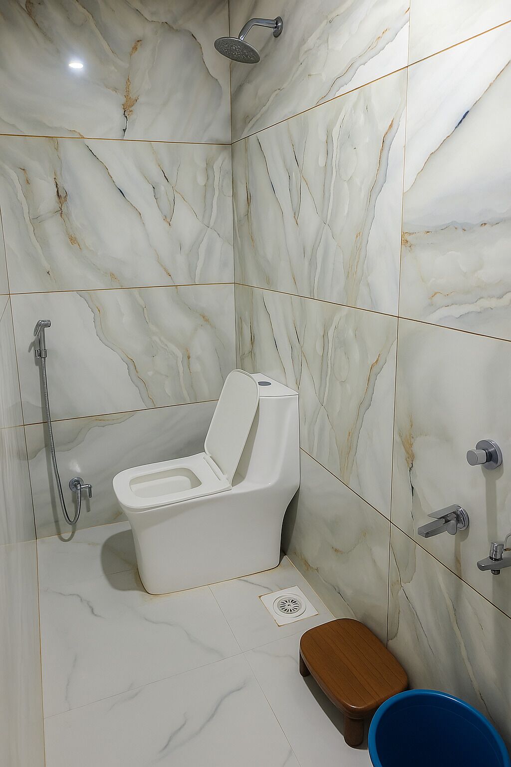 A bathroom with a white toilet, a shower, and a blue bucket.