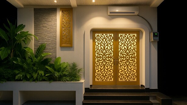 A modern building entrance with a decorative door, a small air conditioning unit, and a planter with green plants. - Hotel Sindur (Ujjain)