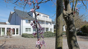 Un bâtiment à l’extérieur blanc, une allée pavée et un arbre aux fleurs roses.