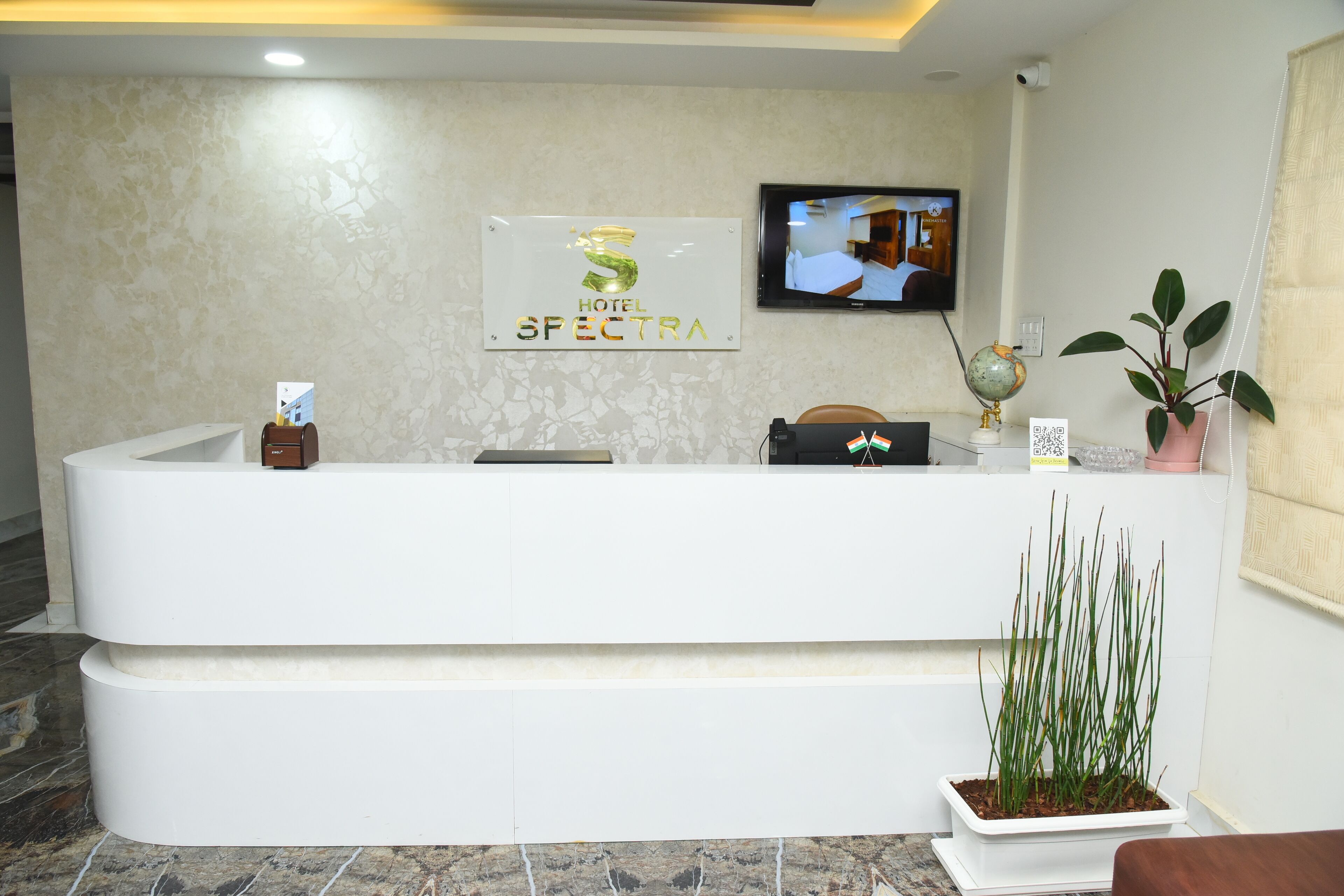 A hotel reception desk with a sign reading "Hotel Spectra," a television mounted on the wall, and a potted plant.
