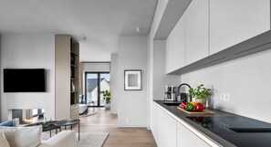 Télévision, cheminée, chaîne hi-fi