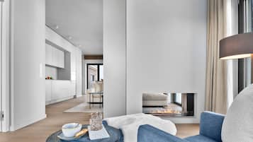 Een televisie, een open haard en een stereo