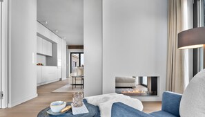 Télévision, cheminée, chaîne hi-fi