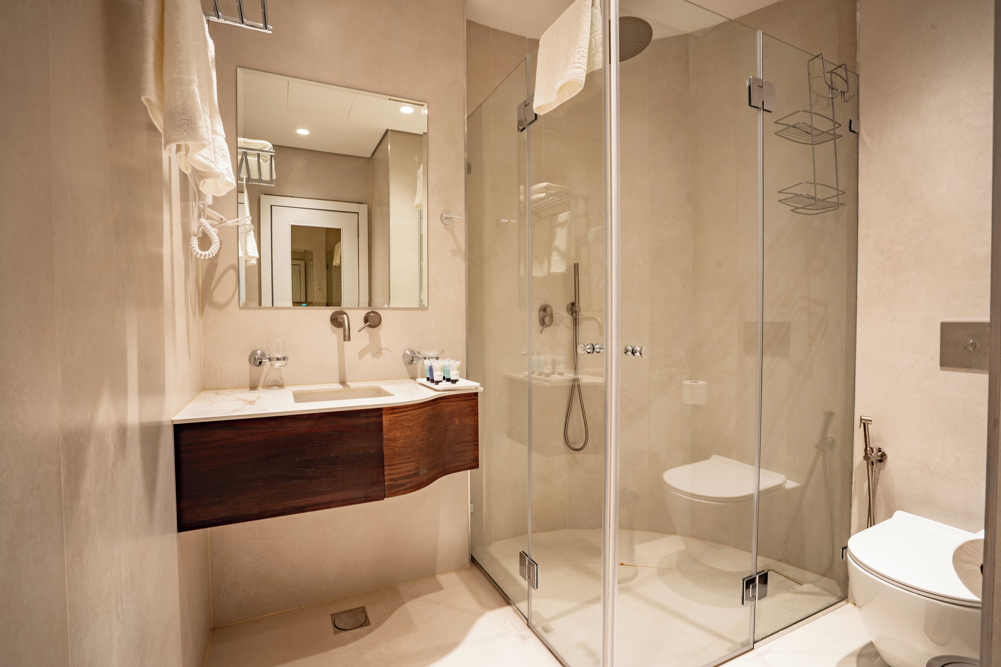 Une salle de bain moderne avec une douche à parois de verre, un meuble-lavabo avec un miroir et des toilettes.