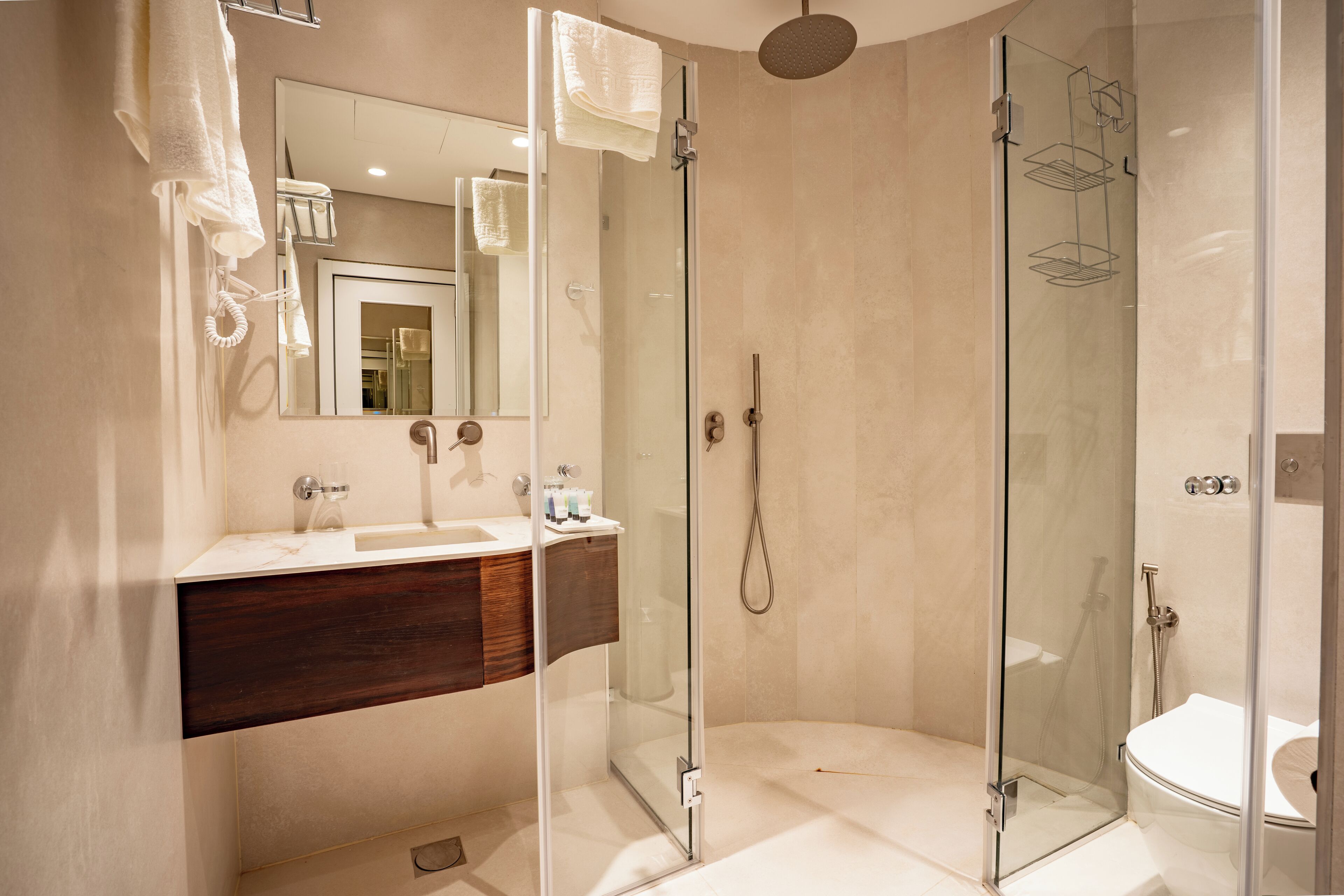 Une salle de bain moderne avec une douche à parois de verre, un meuble-lavabo avec un plan de travail en bois foncé et un grand miroir.