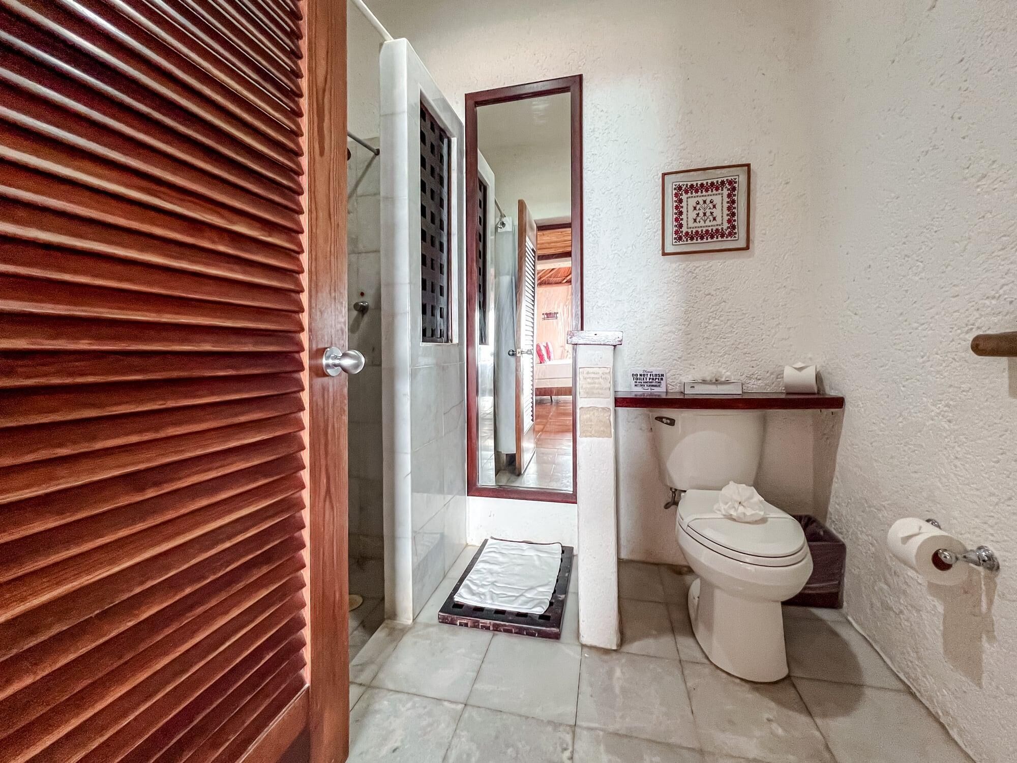 A bathroom with a toilet, a sink, a mirror, and a wooden door.