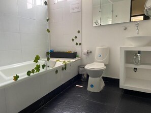 Towels, soap, shampoo, toilet paper