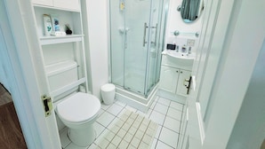 Un baño con inodoro, ducha con cerramiento de vidrio, lavamanos y espejo.