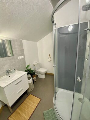 Shower, hair dryer, towels, soap