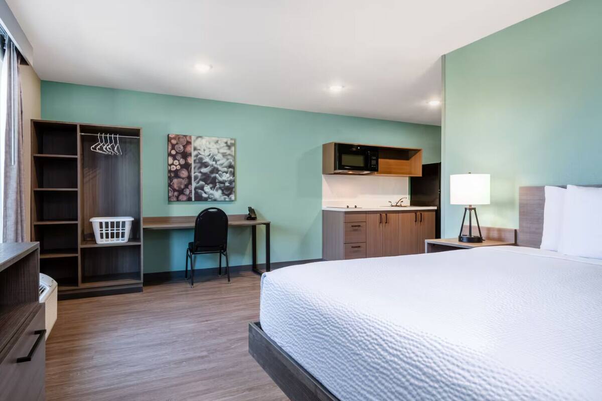 A hotel room with a bed, a desk, a chair, a wardrobe, a microwave, a sink, and a nightstand with a lamp.