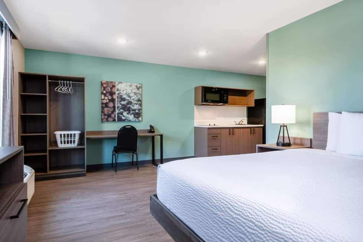 Une chambre d’hôtel comprenant un lit, un bureau, une chaise, une armoire, un four à micro-ondes, un lavabo et une table de chevet avec une lampe.