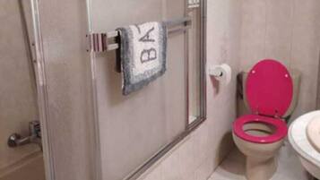 Hair dryer, bidet, towels, soap