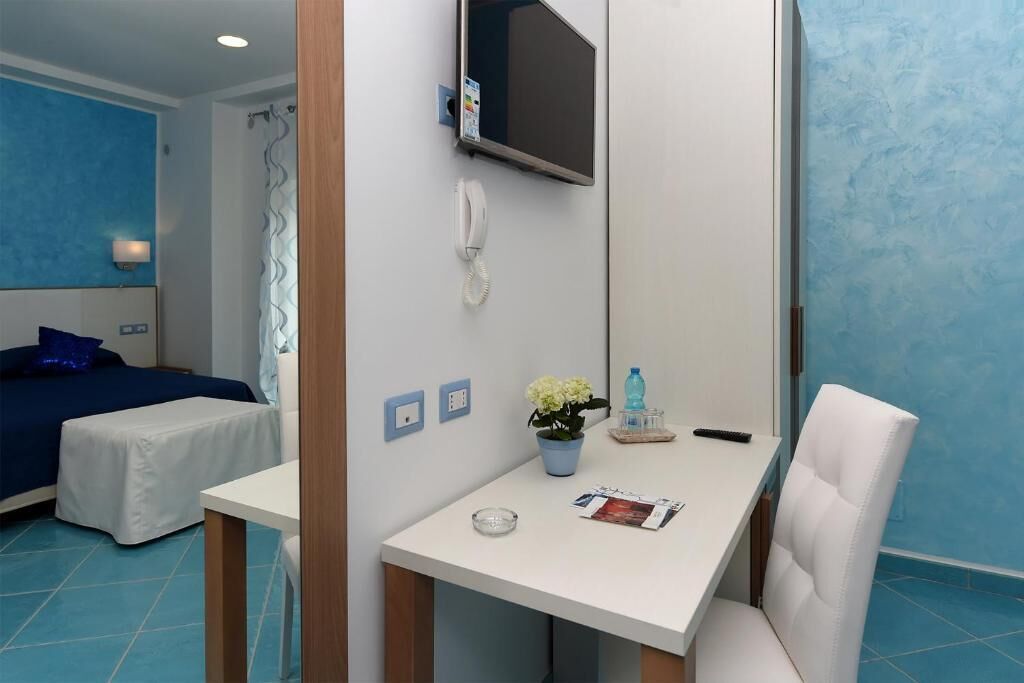 Hotelkamer met een bed, een bureau met telefoon, een televisie en een kleine tafel met plant en fles.