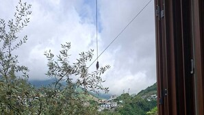 A view from a balcony with a stone wall, a tree, and a distant town. - Le perle d'italia (Ravello)