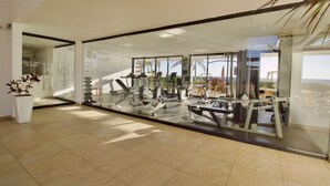 A gym with exercise equipment, a large window, and a potted plant.