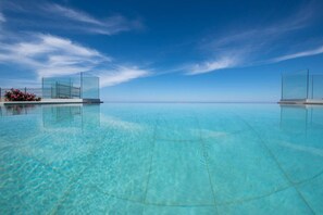 A clear infinity pool with a view of the ocean and a glass-enclosed structure with pink flowers. - Villa Phos with Panoramic Sea View (Heraklion)