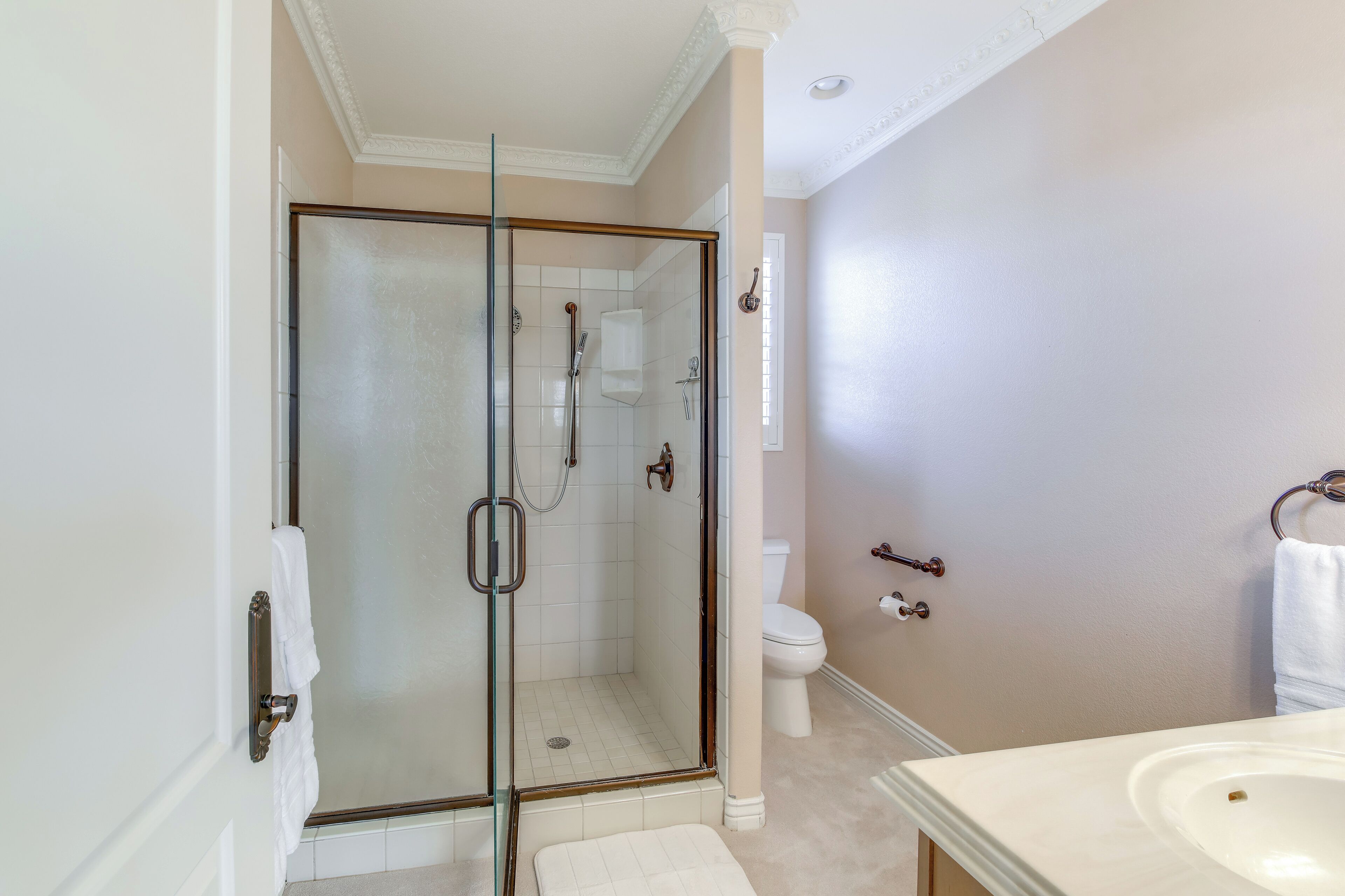 A bathroom with a glass-enclosed shower, a white sink, and a toilet.