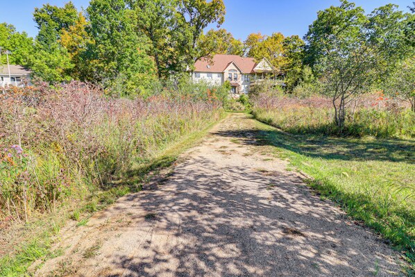 Un sentier de terre mène à une maison entourée d’arbres et d’arbustes.
