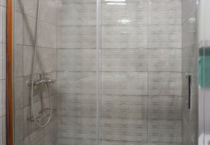 Shower, hair dryer, towels
