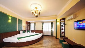 Camera d'albergo con un letto a ferro di cavallo, pavimento in legno, un lampadario, una televisione e una parete verde.