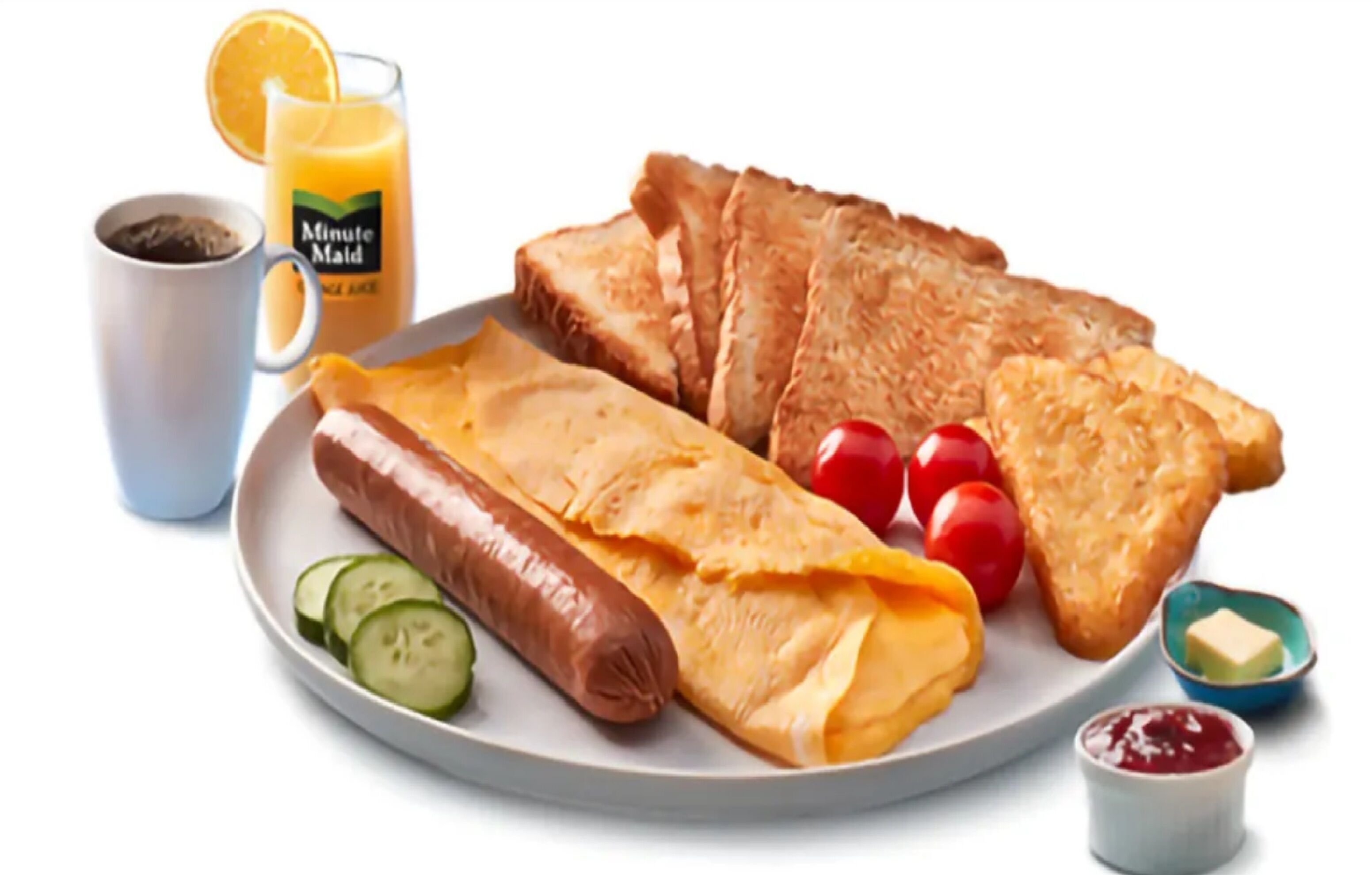 A plate with toast, a sausage, tomatoes, and a glass of orange juice.