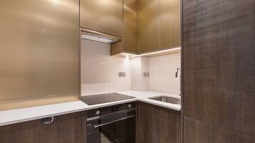 A modern kitchen with a built-in oven, a sink, and a countertop.