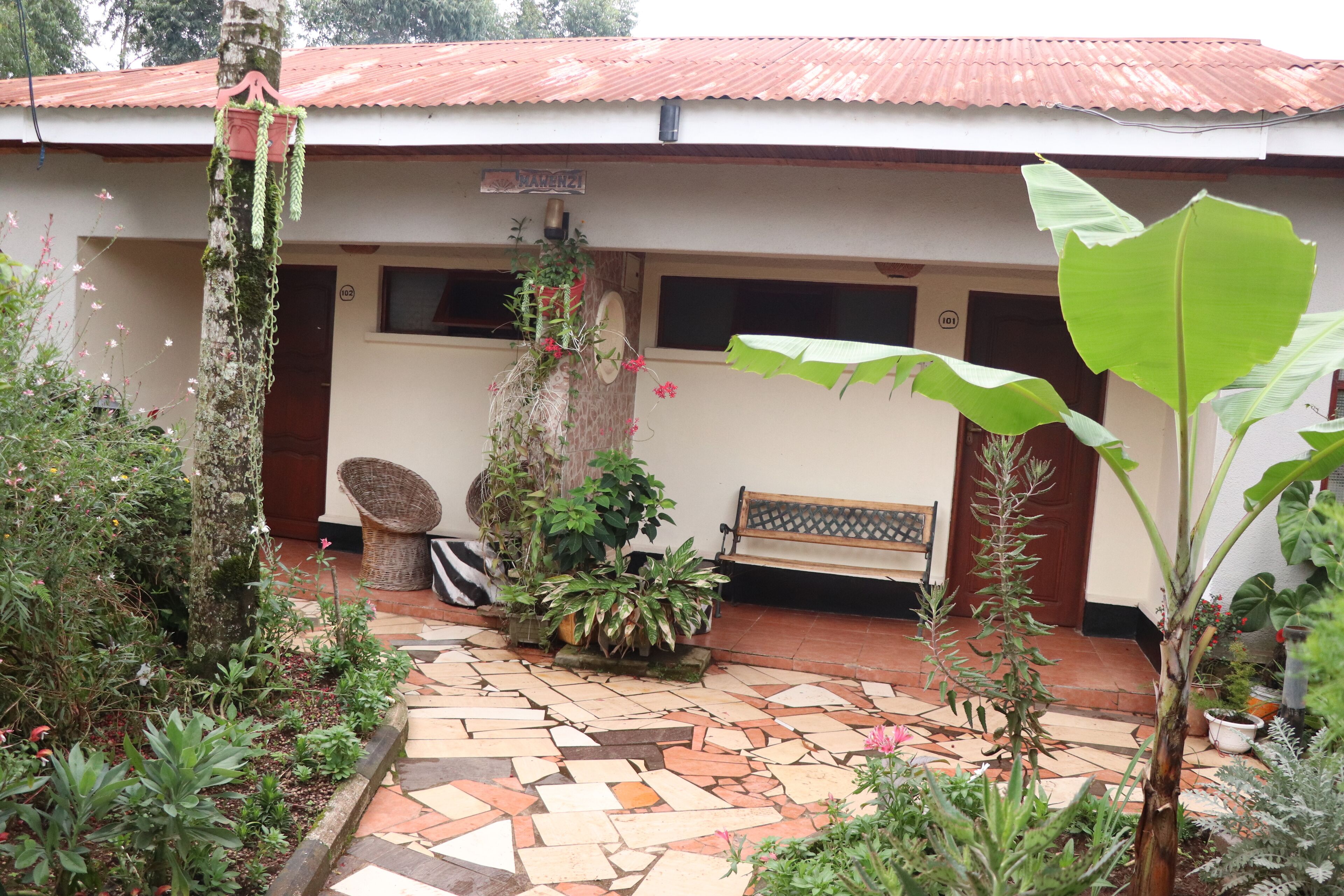 A courtyard with a tiled floor, a bench, and various potted plants.