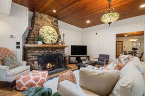 Smart TV, fireplace, video games, books