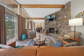 Smart TV, fireplace, books