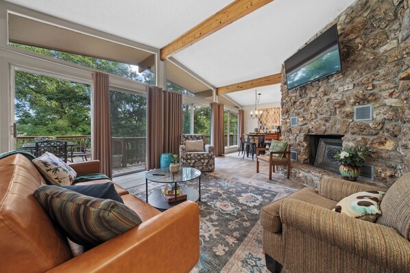 Smart TV, fireplace, books