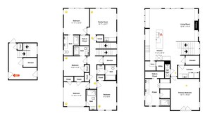 Trois plans d’étage d’un hôtel comprenant plusieurs chambres, salles de bains, un salon familial et une cuisine.