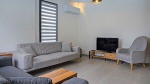 Un salon moderne avec un canapé gris, une table basse en bois, un fauteuil gris, un téléviseur posé sur un meuble en bois et un luminaire au plafond.