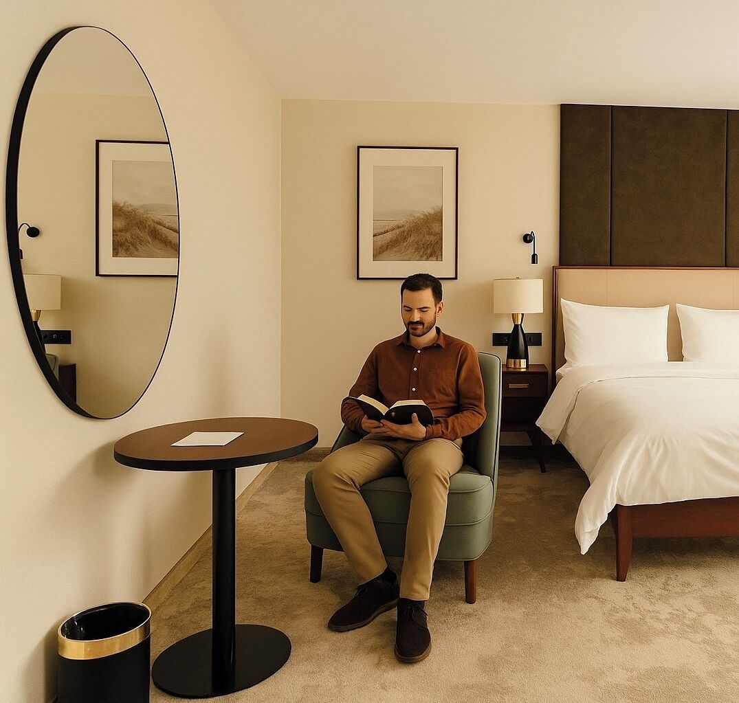Une chambre d’hôtel avec un lit, une table ronde, une chaise, un miroir et deux tableaux encadrés accrochés au mur.